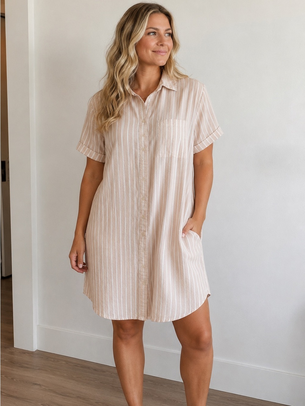Old Navy Beige & White Striped Shirt Dress XXL | 100% Cotton | Pockets | Button